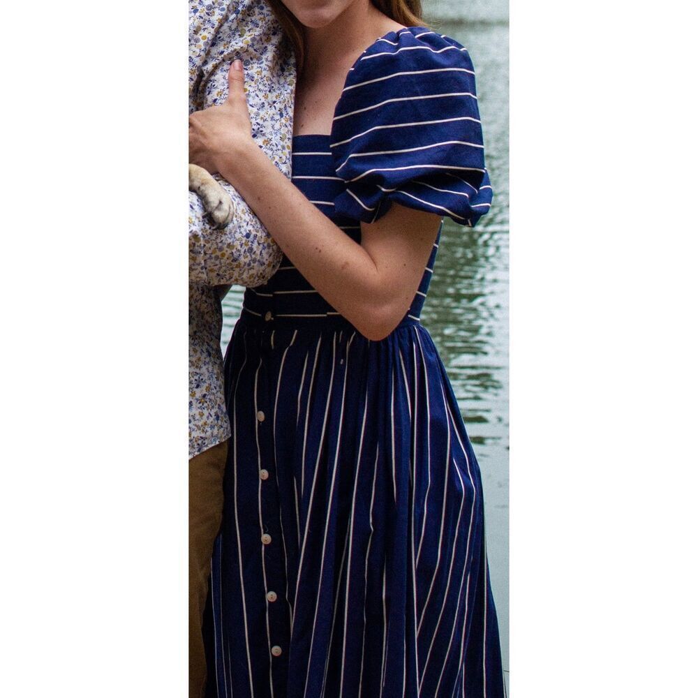 Vintage Wendy One Puff Sleeve Striped Midi Dress Button Down Size XS CottageCore - Picture 7 of 7